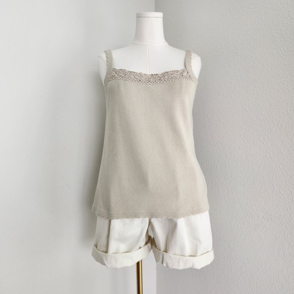 Vintage 90s Beige Knit Crochet Trim Tank Top Square Neck Sleeveless Sweater XL - Picture 2 of 9